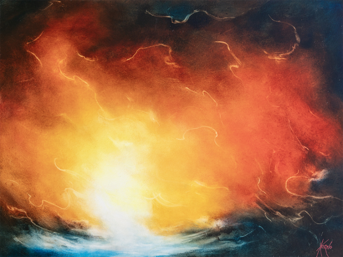 Peinture abstraite Aspiration de Korno, lumière centrale jaune et blanche, ciel rouge orangé, reflets bleus sur l’eau, format 30x40