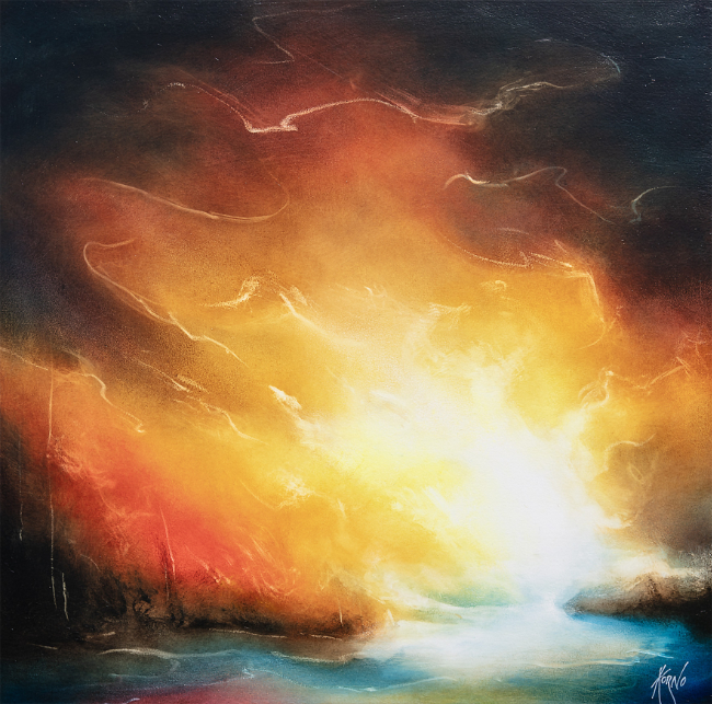 Explosion de lumière blanche et jaune au-dessus d’une eau bleu-vert, avec des nuées rouge orangé et sombres, évoquant une tempête émotionnelle.